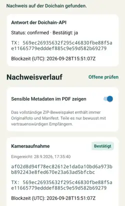 DoiProof App: Nachweis auf der Doichain gefunden
